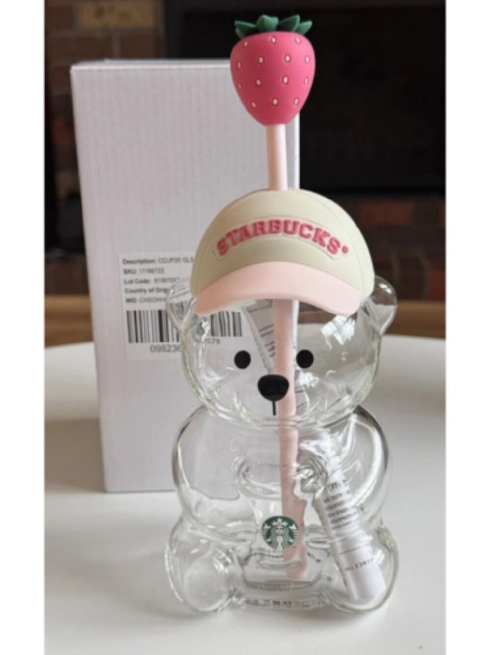 Starbucks Limited Edition Pink Strawberry Cap Bearista Bear Glass Cup 20oz/591ml